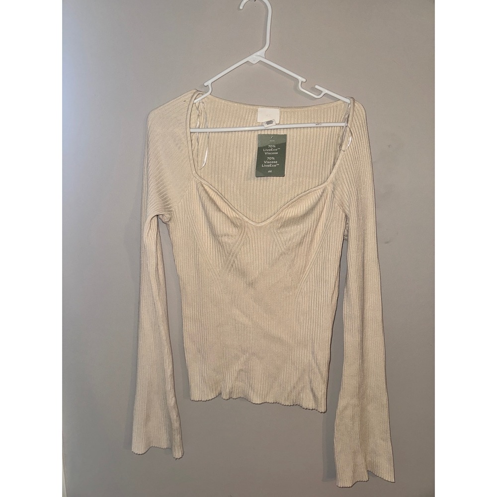 HM Ribbed Sweetheart Neck Top Cream‎ Beige Long Sleeve Bell Sleeve XL NWT